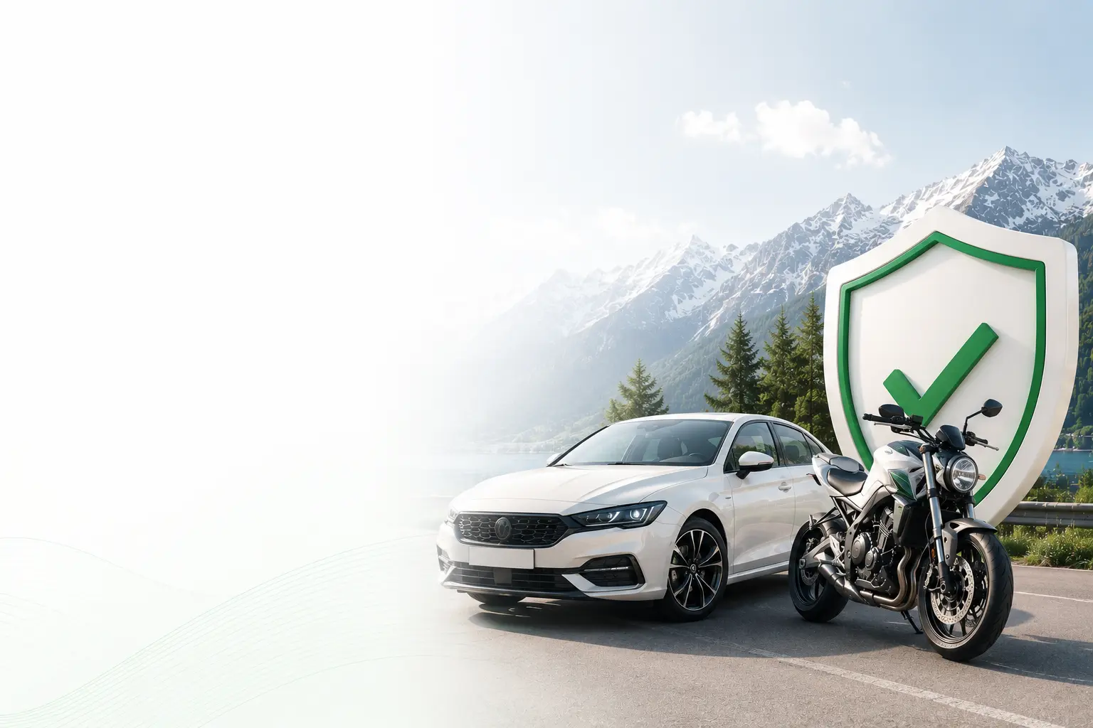 Voiture et moto devant un bouclier de protection dans un paysage alpin