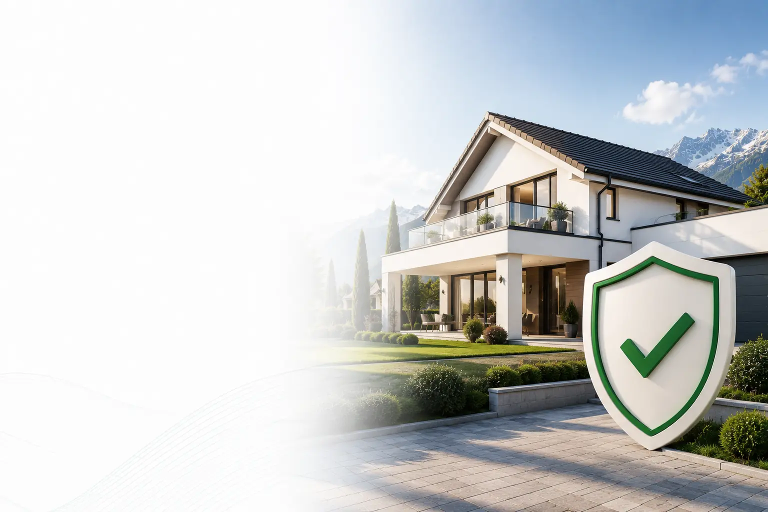 Maison moderne avec bouclier de protection devant un paysage alpin